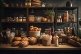 Eco-friendly grocery with variety of bread, snack on shelf and wooden wall. Generative AI