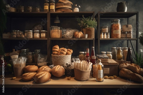 Eco-friendly grocery with variety of bread, snack on shelf and wooden wall. Generative AI