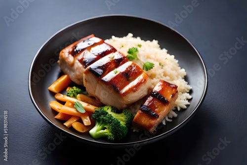 A protein-rich plate of grilled chicken breast, served with fiber-filled steamed broccoli and healthy brown rice. Generated by AI