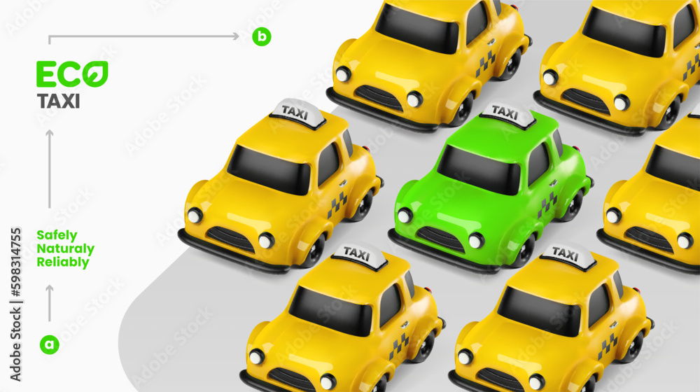 Naklejka premium 3d electric green taxi car service. Eco city cab vector illustration. Modern ecological urban taxi fleet. Yellow and green Cabs on light background banner template Generative AI