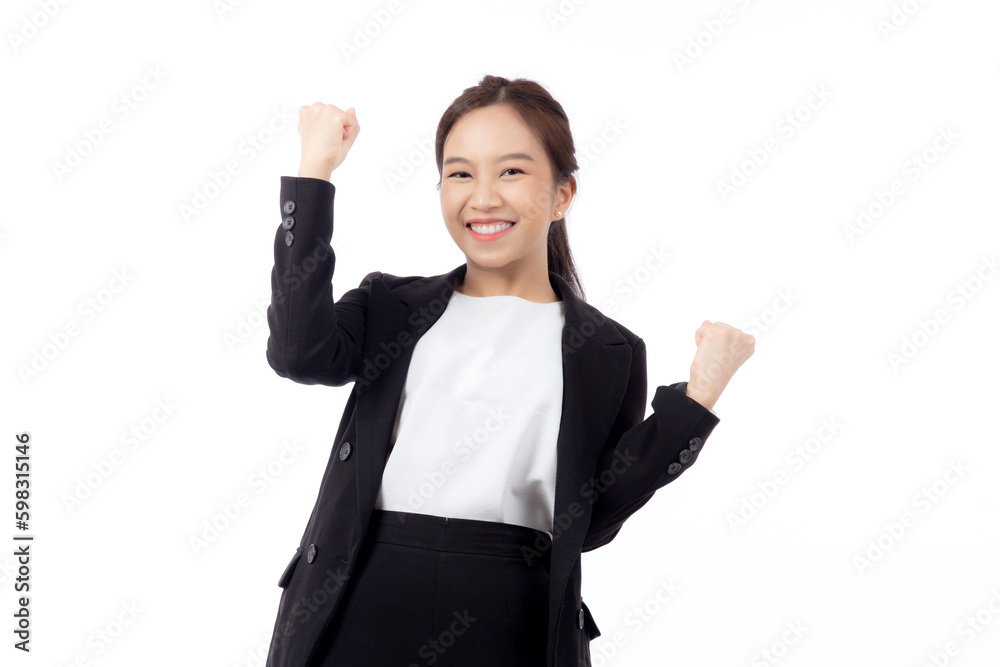 Portrait beautiful businesswoman in suit standing with glad and success isolated on white background, young asian business woman is manager or executive smile with confident and excited for victory. Portrait beautiful businesswoman in suit standing with glad and success isolated on white background, young asian business woman is manager or executive smile with confident and excited for victory.