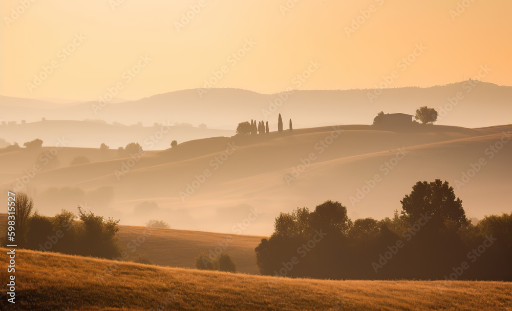 Fairytale, misty morning in the most picturesque part of Tuscany, val de orcia valleys. Background of tuscan landscape summer morning sunrise, in the style of light beige and amber, spatial. AI Fairytale, misty morning in the most picturesque part of Tuscany, val de orcia valleys. Background of tuscan landscape summer morning sunrise, in the style of light beige and amber, spatial. AI