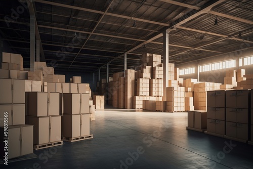 a large warehouse with boxes. Rows of shelves with goods boxes in modern industrial warehouse store at factory warehouse storage, generative ai © robertuzhbt89