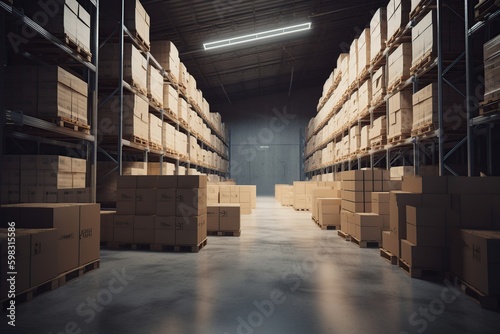 a large warehouse with boxes. Rows of shelves with goods boxes in modern industrial warehouse store at factory warehouse storage, generative ai © robertuzhbt89