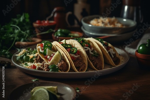 Beef tacos on a plate. Generative AI © Ainsley