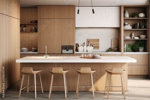 3D illustration of chic, simplistic kitchen with wooden features & Scandinavian design. Generative AI