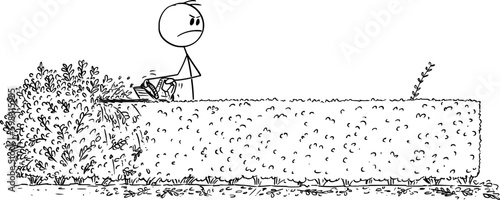 Gardener Trimming Hedge, But Made Mistake , Vector Cartoon Stick Figure Illustration