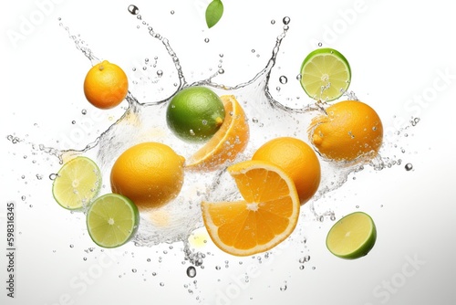 fruits oranges lemons and limes in splashes of water on a white background. generative ai