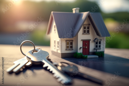 House key and house model, sunlight background. Mortgage, investment, real estate, property and new home concept. Made with Generative AI © Elena