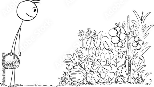 Happy Gardener Looking And Vegetable Harvest or Garden, Vector Cartoon Stick Figure Illustration