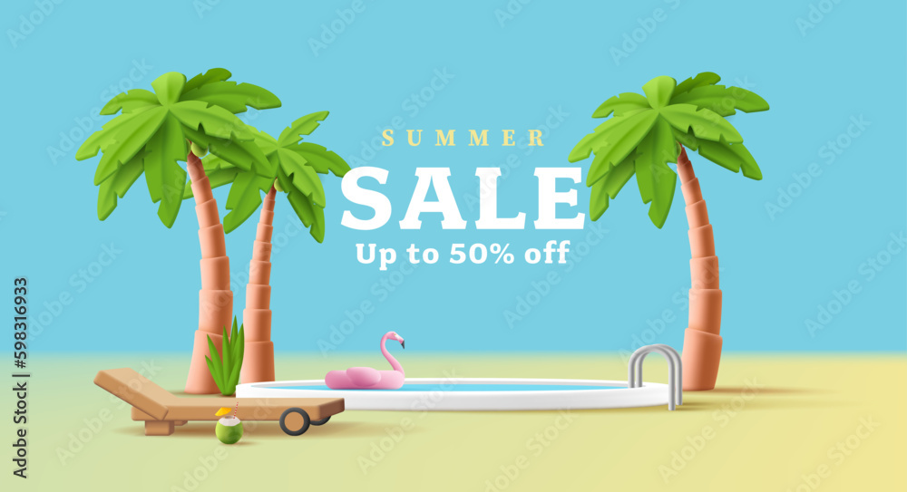 3d render illustration of a round swinning pool with flamingo swimming ring and palm trees with coconut cocktail and sunbed - obrazy, fototapety, plakaty 