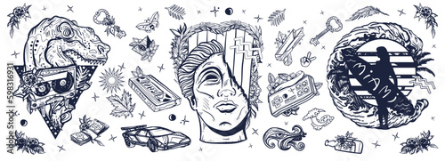Retro wave music art. Old school tattoo vector collection. Statue head, laser tyrannosaur, surfing woman. Audio cassette, VHS type. Nostalgic cyberpunk style, 80s and 90sblack and white style