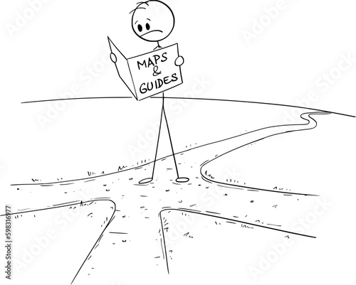 Person or Businessman on Crossroad Looking in Map , Vector Cartoon Stick Figure Illustration