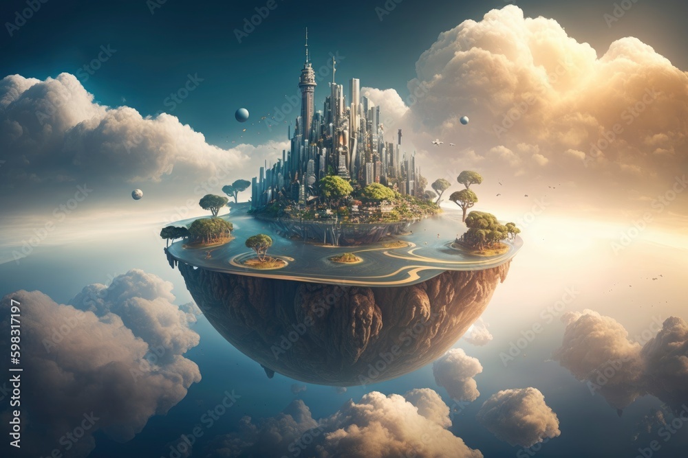 Fototapeta premium A futuristic city floating island on clouds background made with Generative AI
