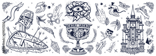 Warrior crusader, sacred holy grail, ancient castle, occult hands, all seeing eye, sword and arrows. Middle age art. Traditional tattooing style. Medieval old school tattoo black and white style