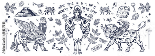 Old school tattoo collection. Ancient Sumerian Civilization. Mesopotamian goddess. Ishtar and Lamassu. Cuneiform writing, ziggurat. Assyrian culture. Gilgamesh legends black and white style