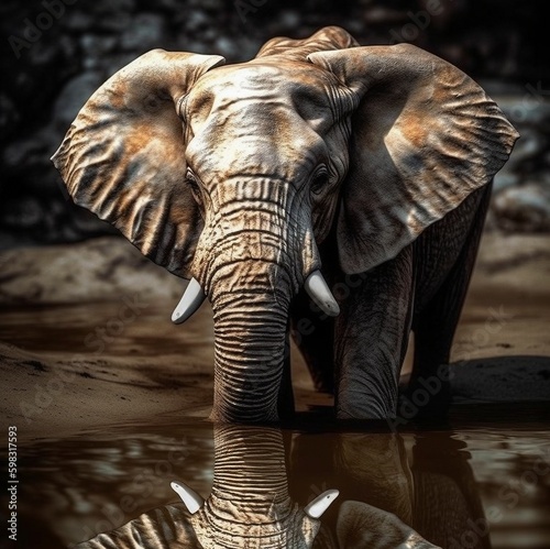 Un elefante bebiendo agua. Su reflejo se ve en el agua