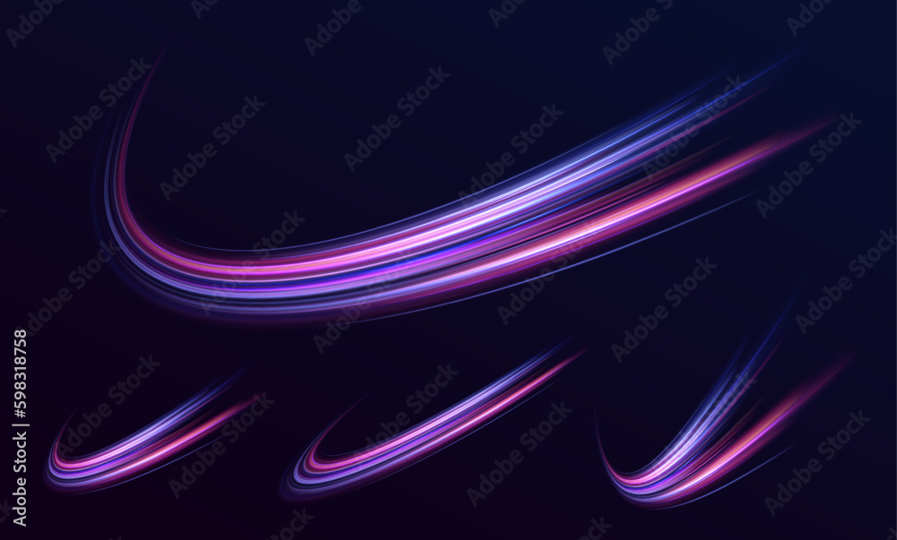 Neon Color Blurred Motion On Speedway. Acceleration speed motion on night road. Panoramic high speed technology concept, light abstract background. Vector illustration. - obrazy, fototapety, plakaty 