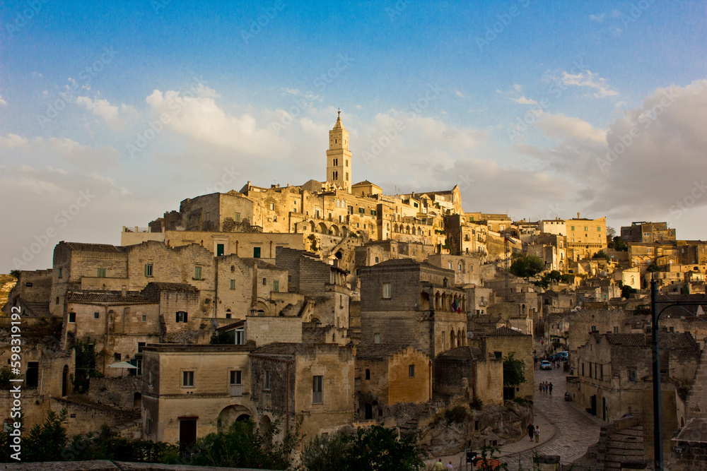 view of the ancient city of Matera in Basilicata in Italy made of rocks
