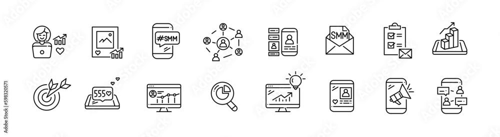 SMM marketing strategies and ideas. Use of social media for growing your business. Pixel perfect, editable stroke SMM marketing strategies and ideas. Use of social media for growing your business. Pixel perfect, editable stroke