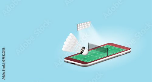 3d realistic application banner ads badminton green court on screen a mobile phone, concept scale field area with to education sport game on sky background for vector illustration