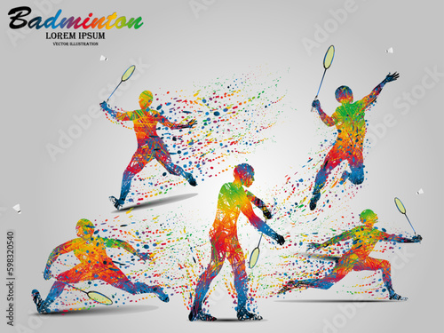 Visual drawing movement to badminton sport and jumper at fast of speed on stadium, colorful beautiful design style on white background for vector illustration, exercise sport concept, the winner game