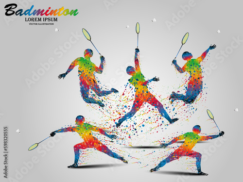 Visual drawing movement to badminton sport and jumper at fast of speed on stadium, colorful beautiful design style on white background for vector illustration, exercise sport concept, the winner game