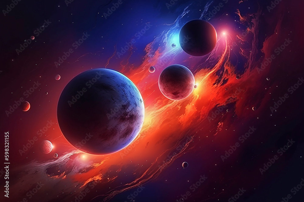Generative AI. Beautiful planets in space. fantastic space in blue, red, purple colors. wallpaper , card, design concept. 