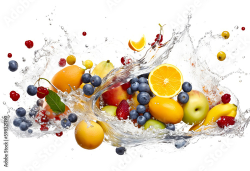Fresh fruits splashing into clear water splash on white background. AI Generative Illustrations