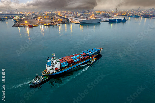 Container ship leaving the port,aerial view.