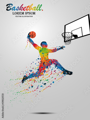 Visual drawing basketball sport and jumper at fast of speed on stadium , colorful beautiful design style on white background for vector illustration, exercise sport concept - Vector