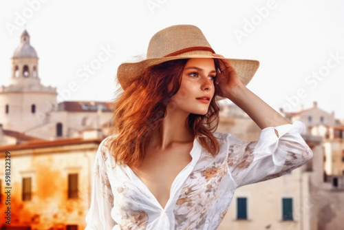 Beautiful redhaired woman portrait, holiday in Europe. Summer time. Ai generative
