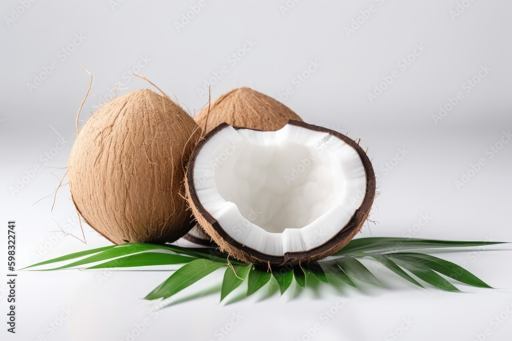 Coconuts with palm leaves on white. Generative AI