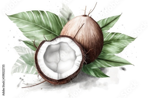 Tropical illustration natural coconut with leaves on a white background. Generative AI