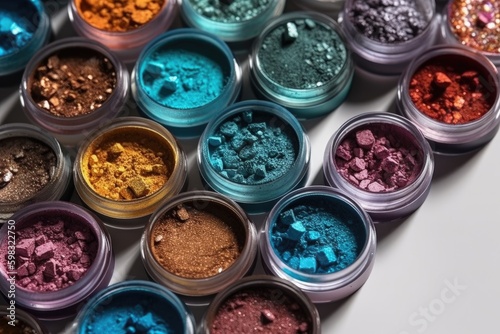 A set of eyeshadows in different colors in a metallic style. Makeup cosmetic. Generative AI