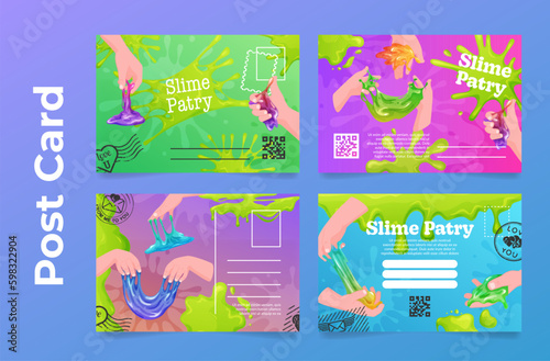 Slime party post card design neon melting jelly with hands mail correspondence postcard set vector