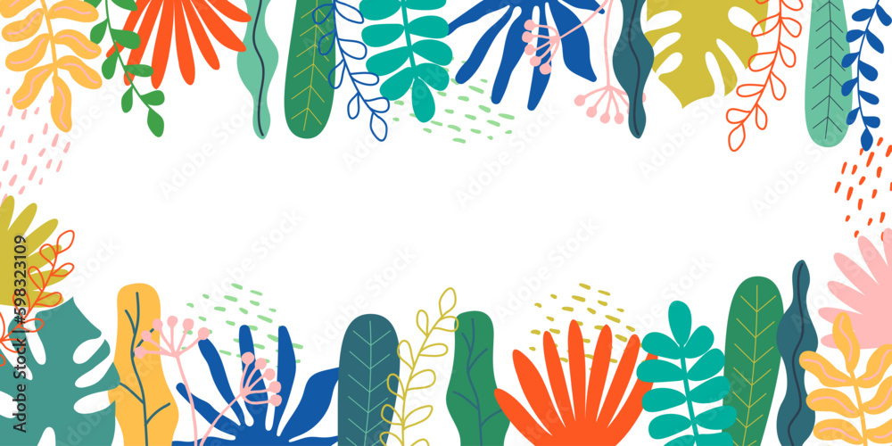 Obraz premium Bright colorful flower frame. Flower Silhouettes on white background. Hand drawn border with branches, leaves isolated on white background. Trendy template for postcard, invitation, layout, wallpaper.