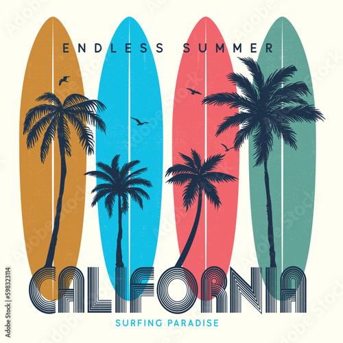 California Surfing Paradise Endless summer . sunshine beach, summer beach sunshine vector print design artwork. each vibes t-shirt artwork. Palm tree, chare graphic print design. surfboard Summer.