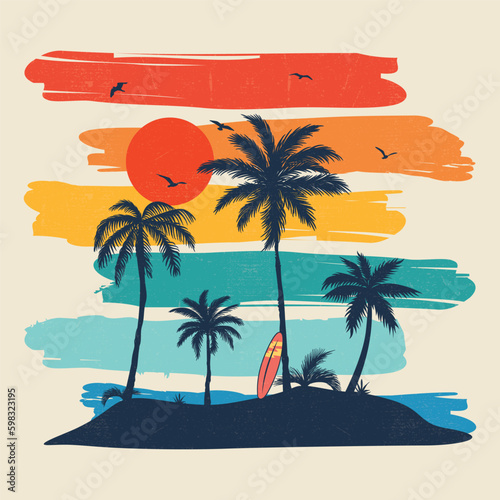sunshine beach, summer beach sunshine vector print design artwork,. Vintage Retro Style Beach Surfer Summer Paradise. vector Palm tree, sunset, sunrise, surfboard, vector graphic print design.