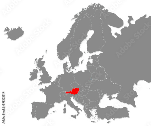 Map of Austria highligted with red in Europe map