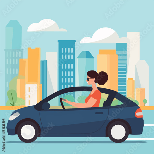 Woman driving a car, driving in sunny weather around the city, flat vector image, isolated background