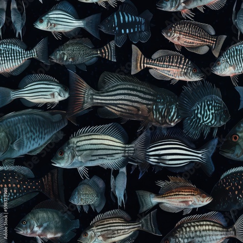 Seamless pattern of various types of sea fish. AI generated