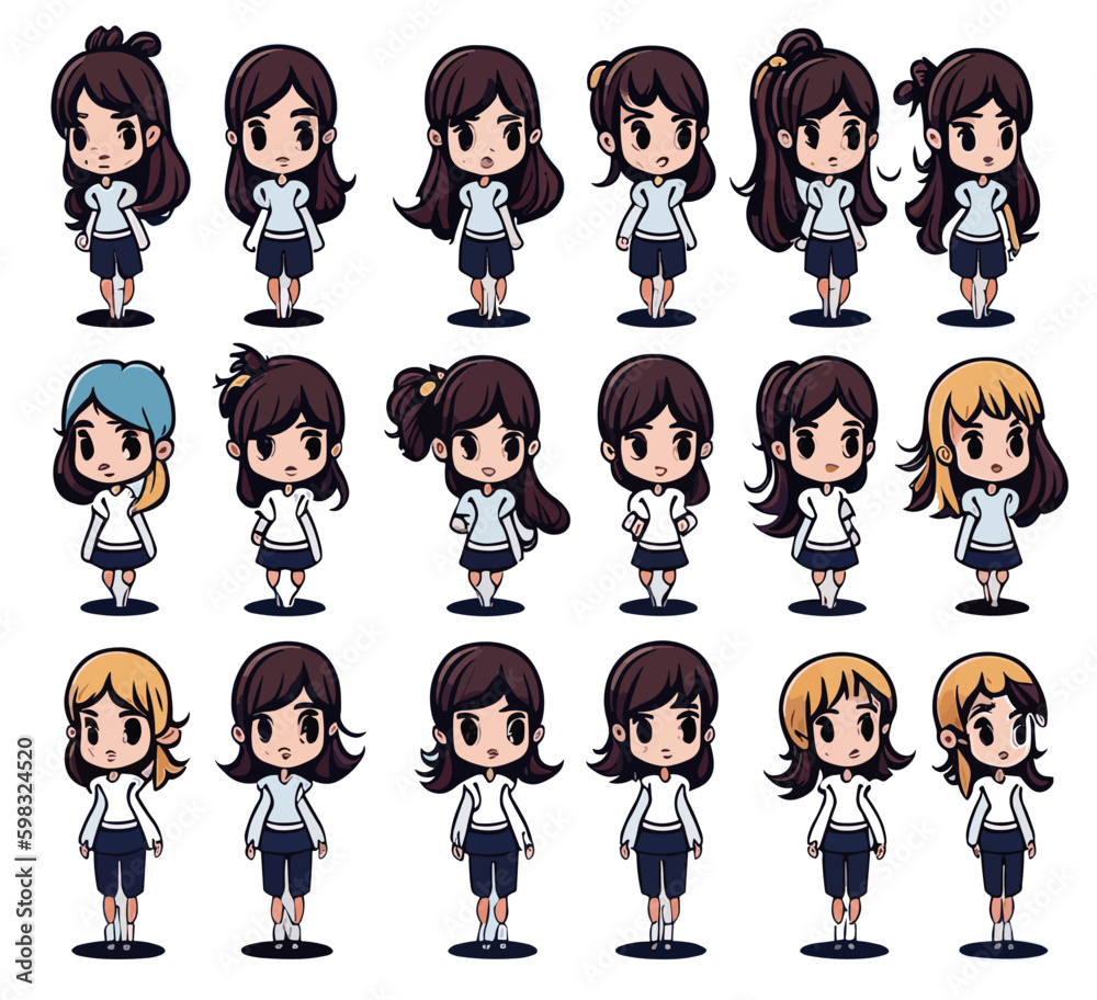 set of high quality vector illustration of  child girls, teen girls with different types. isolated on white background.