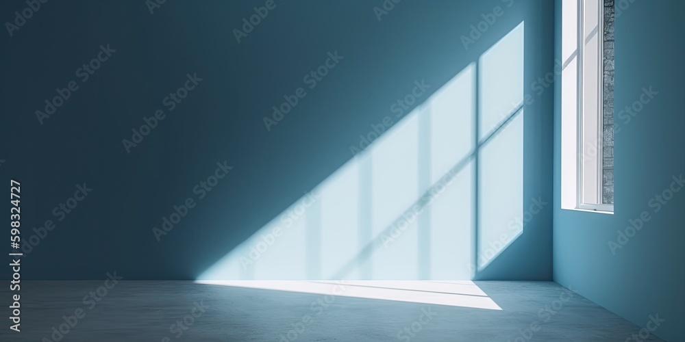 Fototapeta premium Minimalistic light blue wall in an empty room for presentation background. Elegant lighting with abstract shadows. - Generative AI 