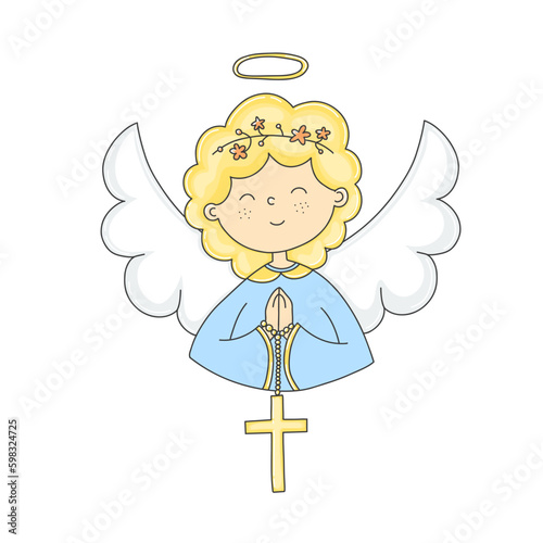 A Cute Angel Girl Holds a Cross Invitation Card for Baptism Day Baptized and Blessed Simple Color Doodle Vector Illustration