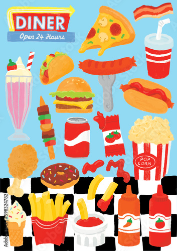 Set of hand drawn fast foods vector illustration in diner background. Diner with pizza, bacon, drinks, taco, chicken, fries, popcorn, barbecue and donut.