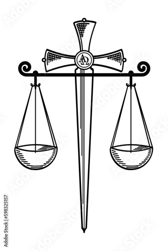 Sword and Balances emblem from which two meanings can be taken. The first is justice and judgement, represented by the balances. The second is truth, the sword of the Spirit, which is the word of God.