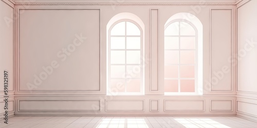 Minimalistic Light Pink wall in an empty room for presentation background. Elegant lighting with abstract shadows. - Generative AI 
