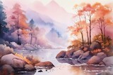 Peaceful waatercolor image of a sunrise on a forest river. Generated ai.