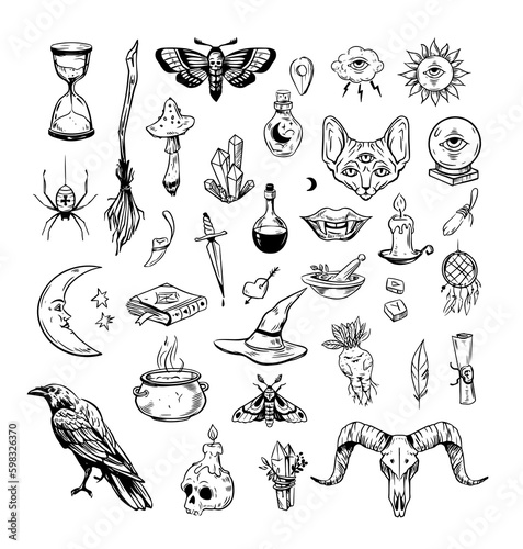 Magic set. witch tools, Wizards equipment  Vector alchemy or sorcery elements set. Vector sketch illustration